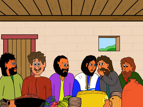 João, que estava sentado perto de Jesus, sussurrou para Ele:<br/>– Jesus, o Senhor pode me dizer quem é?<br/>Jesus sussurrou para João:<br/>– É a pessoa para quem eu darei esse pedaço de pão depois de eu o molhar no prato. – Slide número 17