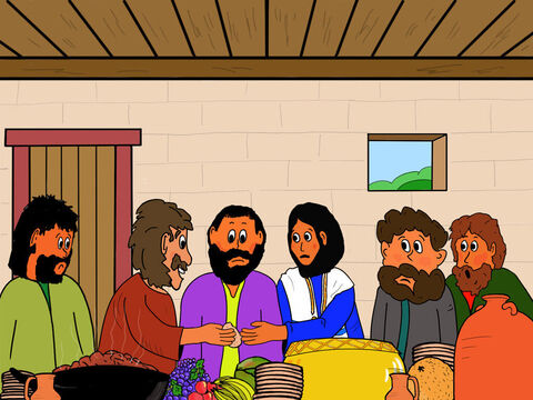 Jesus, então, molhou um pedaço do pão no prato e o entregou a Judas, que o recebeu alegremente. A Bíblia diz que Satanás entrou em Judas, e ele se levantou imediatamente e foi trair Jesus. – Slide número 18