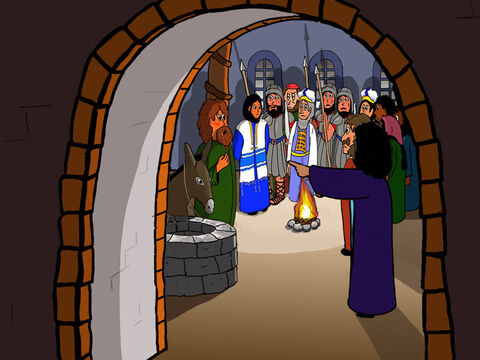 Mais tarde, muitos olharam para Pedro e disseram que ele era, definitivamente, um dos discípulos de Jesus, mas Pedro negou e xingou novamente. – Slide número 35