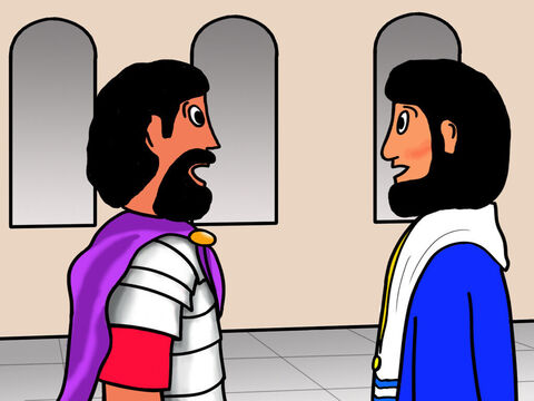 Pilatos levou Jesus para dentro e lhe perguntou se Ele era o rei dos judeus. Jesus respondeu:<br/>– Meu reino não é deste mundo. – Slide número 6
