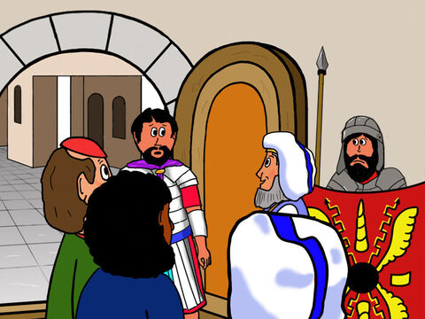 Eles foram rapidamente a Pilatos e perguntaram se soldados poderiam vigiar o túmulo. Pilatos decidiu que alguns de seus soldados o vigiariam. – Slide número 2