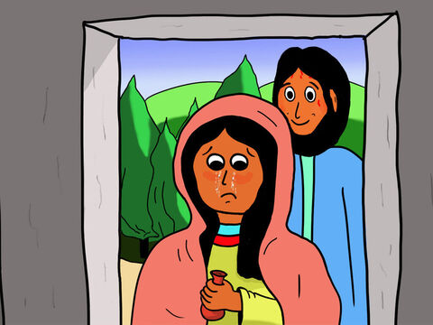Agora Jesus veio e ficou atrás de Maria. Ela pensou que fosse o jardineiro e perguntou, sem se virar, se Ele sabia onde o corpo de Jesus havia sido colocado. – Slide número 18