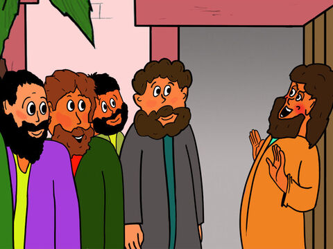 Mas um dos discípulos, Tomé, não estava no local quando Jesus apareceu. Quando ele ouviu dos demais discípulos que Jesus havia ressuscitado, ele apenas riu. – Slide número 23