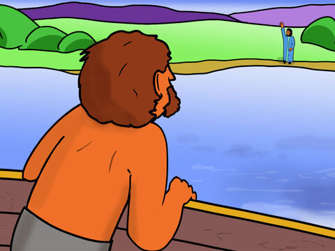 Então, viram alguém na praia que gritava para eles lançarem as redes novamente, mas no lado direito do barco. – Slide número 27