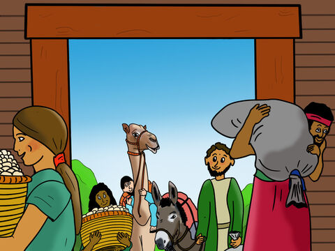 Deus ordenou a Noé e sua família que armazenassem comida para eles e todos os animais, e depois guardassem dentro da Arca. Os oito estavam tão felizes e fizeram exatamente o que Deus havia dito. – Slide número 11