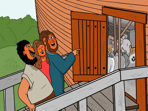 Do lado de fora da entrada, as pessoas continuavam a zombar e a caçoar de Noé e de sua família:<br/>– Você são muito tolos por acharem que haverá um dilúvio, – eles gritavam e riam com vontade. <br/>De repente –  tum! – Slide número 14