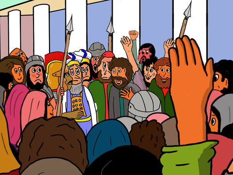 Os sacerdotes e soldados chegaram à cena e ficaram com muita raiva de Pedro e João porque eles pregavam sobre a ressurreição de Jesus. Eles rapidamente prenderam Pedro e João. – Slide número 8