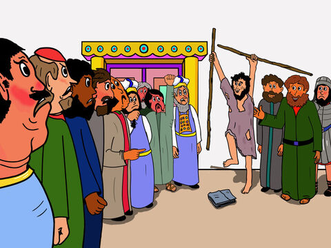 No dia seguinte um grande concílio dos líderes judeus se reuniu para interrogar Pedro e João. O sumo sacerdote gritou: – Slide número 9