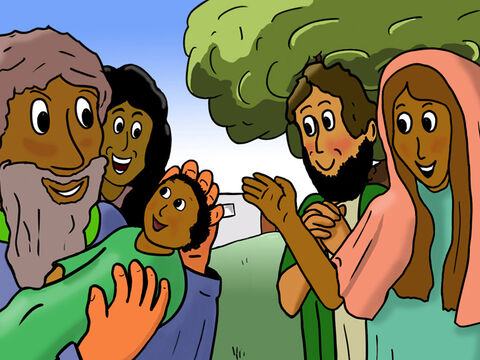 Os três filhos de Noé se chamavam Sem ,Cam e Jafé e eles agora tinham muitos filhos juntamente com suas esposas. Todos estavam muito felizes por cada ser humano que nascia. – Slide número 3