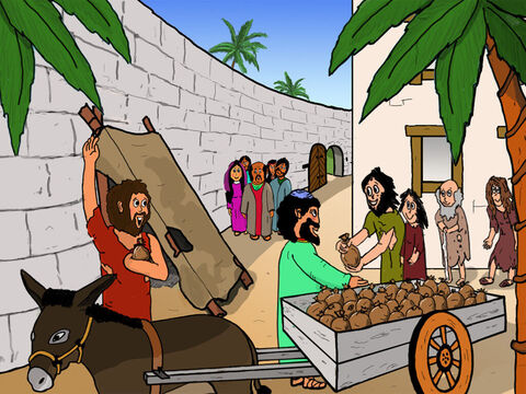 Zaqueu cumpriu o que disse! Ele pegou metade de tudo o que possuía e distribuiu aos pobres em Jericó. Os pobres ficaram surpresos e muito alegres. Todos entenderam que Zaqueu havia sido completamente transformado por Jesus. – Slide número 35