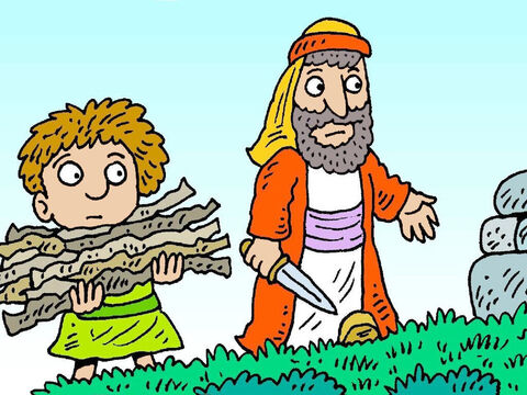 Isaque o ajudou a pegar a madeira para o fogo.<br/>–  Onde está o cordeiro para dar a Deus? –  Isaque perguntou. <br/>Abraão disse: <br/>– Deus providenciará para nós um cordeiro. – Slide número 5