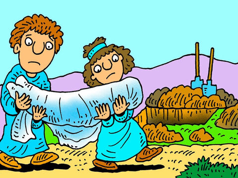 Então Safira também caiu e morreu. Ela foi enterrada ao lado de seu marido. Todos que ficaram sabendo sobre Ananias e Safira se lembraram de não mentir. – Slide número 8