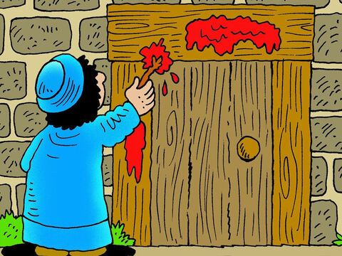 Na noite de Páscoa, o sangue do cordeiro era pintado sobre a parte de cima da porta. Os filhos de Israel foram salvos quando o Anjo de Deus passou sobre a casa deles. Êxodo 12. – Slide número 5