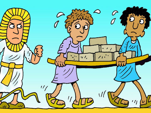 Os filhos de Israel  aumentaram muito até serem muitos e fortes, e tiveram que trabalhar para o Faraó. O rei Faraó disse:<br/>– Eu vou me livrar de todos os bebês meninos antes que eles sejam mais fortes do que eu. – Slide número 1
