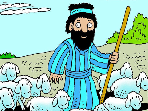 Num dia comum, Moisés estava nos campos cuidando dos rebanhos de ovelhas que pertenciam a seu sogro, Jetro. – Slide número 2