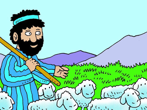 Moisés conduziu o rebanho pelo deserto até o monte Horebe, onde havia grama suficiente para as ovelhas comerem. – Slide número 3