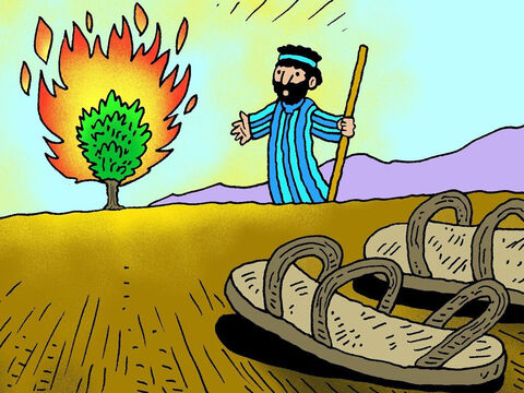Deus disse:<br/>– Tire seus sapatos! Você está em solo sagrado.<br/>Assim Moisés tirou seus sapatos e se aproximou para ver a sarça ardente. – Slide número 6