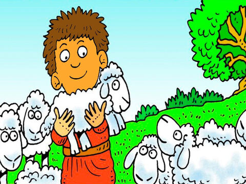 Adão e Eva tiveram dois meninos. Abel, o irmão mais novo, amava as suas ovelhas. Ele pegou uma delas para dar a Deus. – Slide número 2