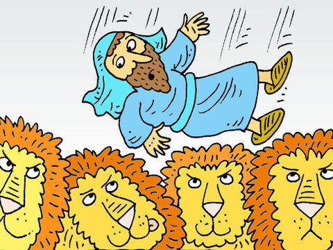 Daniel foi jogado na cova dos leões. Ele não estava com medo. Ele apenas orou para Deus. O rei não conseguiu dormir naquela noite. Ele estava muito triste. Na manhã seguinte, ele foi olhar na cova dos leões para ver se o Deus de Daniel o tinha salvado. – Slide número 7