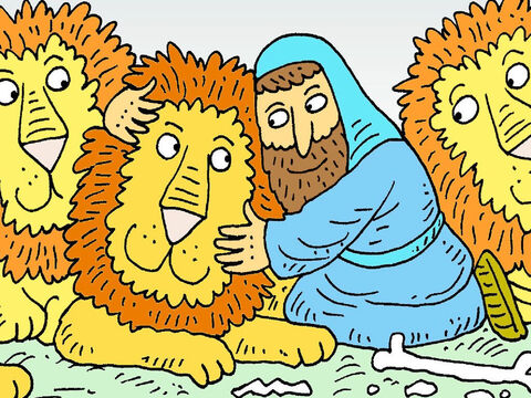 O rei viu que Daniel estava seguro! O Anjo do Senhor tinha fechado as bocas dos leões. E o rei, então, fez uma nova lei: Que todos deveriam amar a Deus e orar a Ele somente. – Slide número 8