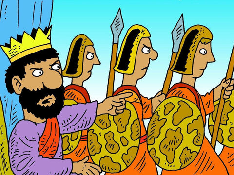 O rei Saul tinha inveja de Davi. Certo dia, ele ouvi sobre onde Davi se escondia. Assim, ele levou três mil soldados e foram pegá-lo. – Slide número 2
