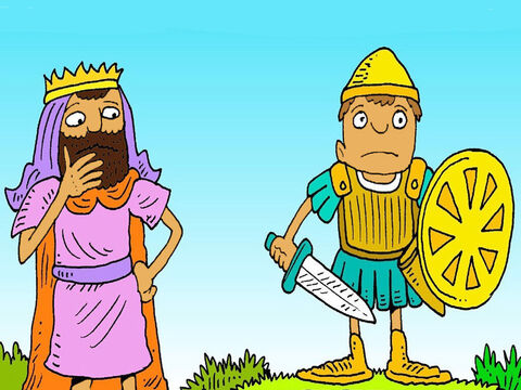O rei queria que Davi usasse a armadura dele, mas ela era grande demais.<br/>– Não consigo usar isso – Davi disse. – Eu só sei lançar pedra de minha funda. – Slide número 4