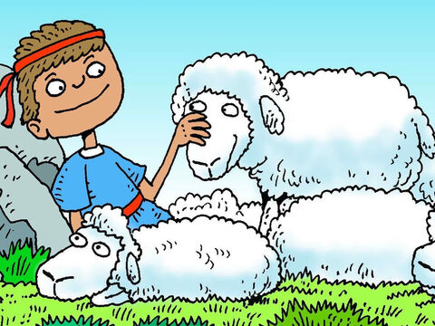 Davi era um bom menino pastor. Ele se preocupava com todas as ovelhas. Davi orava e pedia a Deus que os protegesse. – Slide número 2