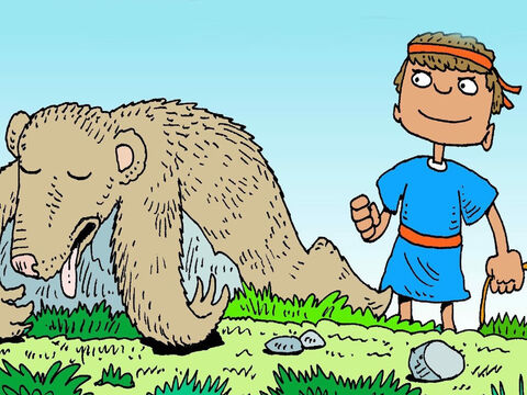 Depois colocou uma pedra em sua funda, girou-a várias vezes e lançou-a. O urso caiu mortinho! – Slide número 7