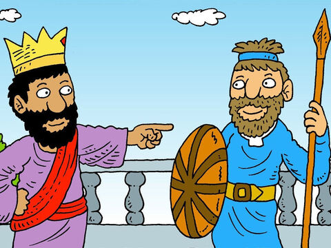O rei Saul teve outra ideia.<br/>– Você pode se casar com a minha filha se você lutar corajosamente e derrotar os filisteus. Você se tornará o capitão de meu exército – ele disse. – Slide número 5