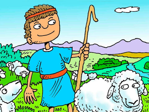 Davi cuidava das ovelhas de seu pai. Elas gostavam de comer pasto verde e de beber água fresca. Quando ele as chamava, elas o seguiam. – Slide número 2