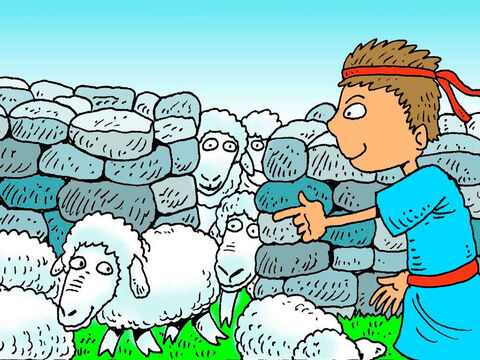Davi sabia o nome de cada ovelha. À noite, ele encontrava um lugar seguro para suas ovelhas dormirem. Ele as contava para ver se estavam todas lá. – Slide número 4
