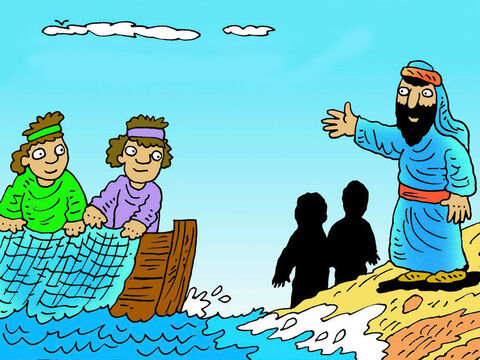 Os primeiros quatro que Jesus encontrou eram pescadores. Simão (Pedro) e André deixaram a pescaria e suas famílias para seguir Jesus. – Slide número 2
