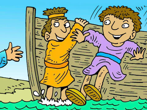 Tiago e João estavam no mar da Galileia em seu barco, pescando com seu pai Zebedeu, quando Jesus os chamou para o seguir. Eles logo escolheram ir. – Slide número 3