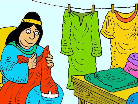 Na cidade litorânea de Jope, Dorcas estava sempre ocupada costurando casacos para dar às viúvas pobres e aos filhos delas. – Slide número 1