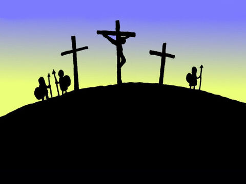 Jesus foi colocado na cruz em cima de uma montanha. Os soldados ficaram vigiando. Os amigos de Jesus ficaram tristes. – Slide número 5