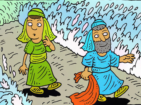 Quando eles chegaram ao rio Jordão, Elias bateu na água com sua túnica. Deus fez um caminho seco para eles andarem.<br/>– Fique aqui – disse Elias. – Slide número 4
