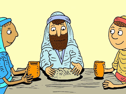 Quando eles chegaram a casa, convidaram o estranho para uma refeição. Ele pegou o pão, partiu-o e agradeceu a Deus porque Jesus havia morrido por eles. – Slide número 6