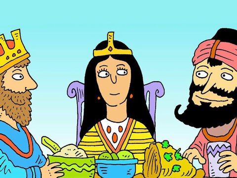 Durante a refeição especial, a rainha Ester contou ao seu marido sobre o plano de Hamã. O rei ficou furioso. – Slide número 6