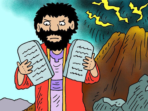 Moisés desceu da montanha e ficou muito irado em ver o povo orando a um ídolo, por isso ele o destruiu. Depois, as pessoas ficaram muito arrependidas e oraram somente ao único Deus verdadeiro. – Slide número 8