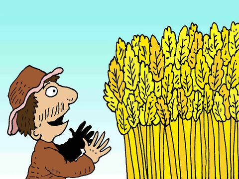 Jesus contou esta história sobre um fazendeiro:<br/>– Certo verão, todo o trigo dele cresceu muito. Ele tinha uma colheita enorme! O fazendeiro achou que ele mesmo era muito inteligente. – Slide número 1