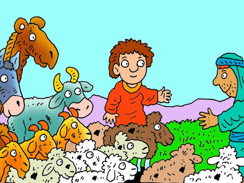 Jacó enviou seus servos à frente com muitos animais como presente para Esaú – camelos, cabras, ovelhas, vacas e jumentos, todos com seus filhotes. – Slide número 6