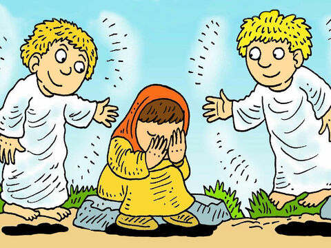 Maria ficou chorando perto do túmulo. Dois anjos lhe perguntaram:<br/>– Por que você está chorando?<br/>– Levaram Jesus e eu não sei onde o colocaram – ela respondeu. – Slide número 4