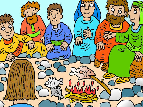 Pouco tempo depois, sete dos discípulos de Jesus voltaram da pescaria e encontraram Jesus assando peixes em uma fogueira na praia e comeram o café da manhã com Ele. Jesus estava realmente vivo! – Slide número 6