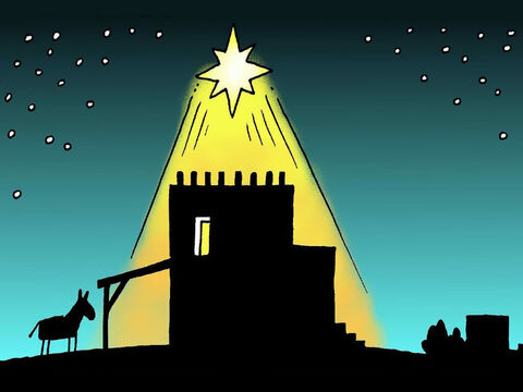 Naquela noite o bebê Jesus, o Salvador prometido, nasceu em um estábulo em Belém. Uma estrela muito brilhante apareceu no céu logo acima do local onde Ele nasceu. – Slide número 7