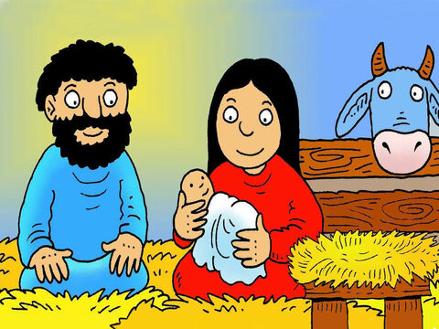 José e Maria chamaram o bebê de Jesus, como o anjo Gabriel lhes havia dito. Eles o envolveram em faixas de linho macias e lhe fizeram uma cama em uma manjedoura com palha. – Slide número 8