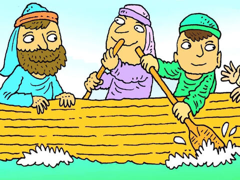Em certo lindo entardecer, Jesus e alguns de Seus amigos entraram em um barco e remaram para atravessar o lago. – Slide número 2