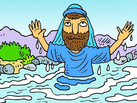 Assim, João batizou Jesus no rio Jordão. Quando Jesus saiu da água, a voz de Deus foi ouvida, dizendo:<br/>– Este é meu Filho. Eu o amo muito e estou muito alegre com Ele! – Slide número 8