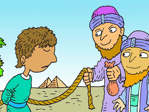 Os irmãos viram homens vindo com camelos. Eles eram mercadores indo ao Egito. Os irmãos pegaram José e o venderam para eles. Os homens levaram José para o vender como escravo que trabalharia duro para quem o comprasse. – Slide número 8