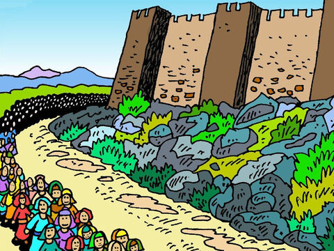 Ela viu o povo de Israel andar ao redor do exterior da muralha, uma vez por dia, durante seis dias. – Slide número 6