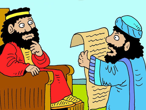 Hilquias, o sumo sacerdote, deu o velho pergaminho ao servo do rei Josias, e ele leu as leis de Moisés e os Dez Mandamentos a Josias. – Slide número 4